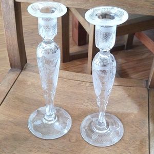Vintage Pair of French Hand Cut Crystal Candle Sticks 18 Inch